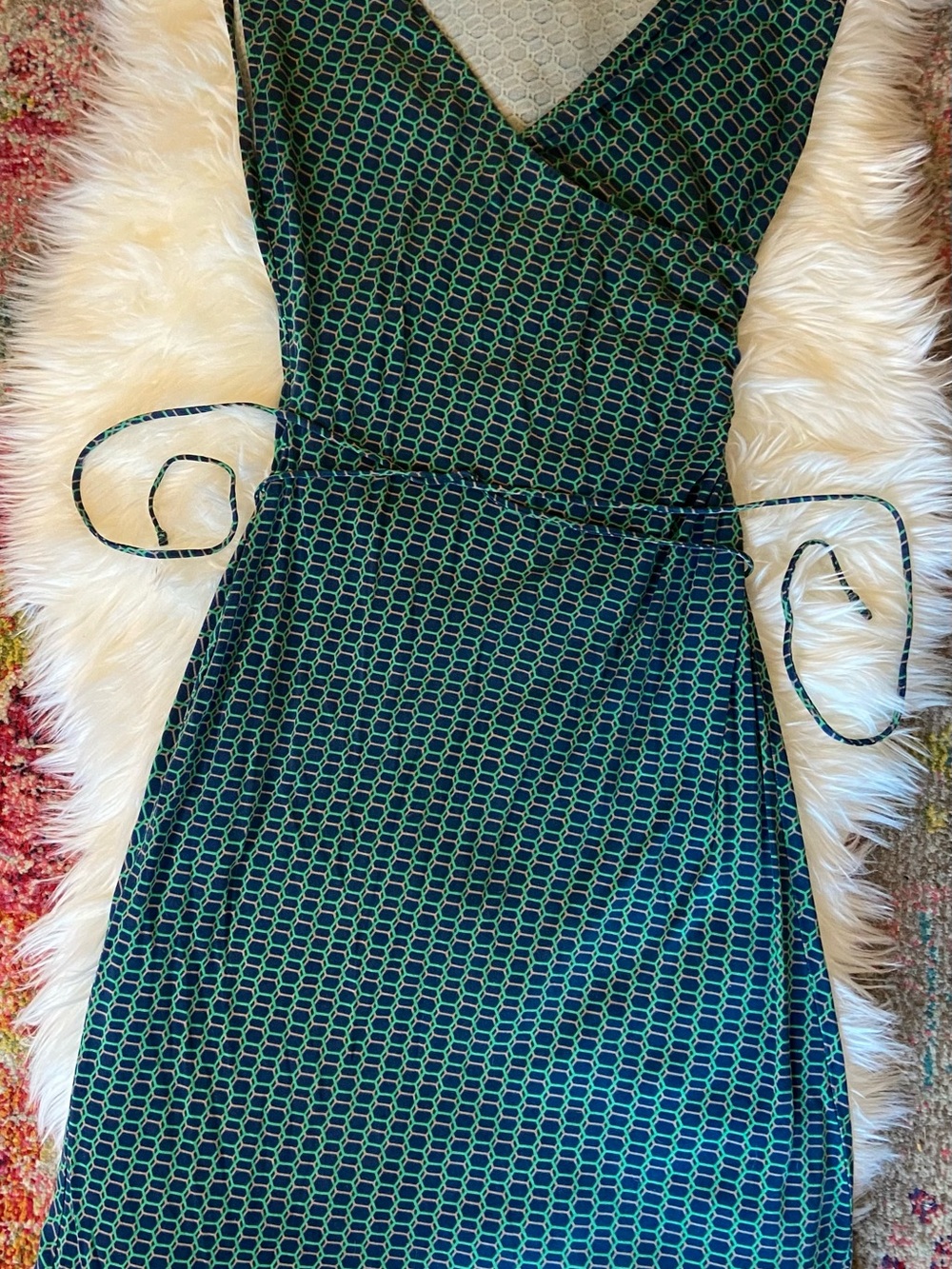 Diane Von Furstenberg Silk Teal and Black Geometric Wrap Midi Dress